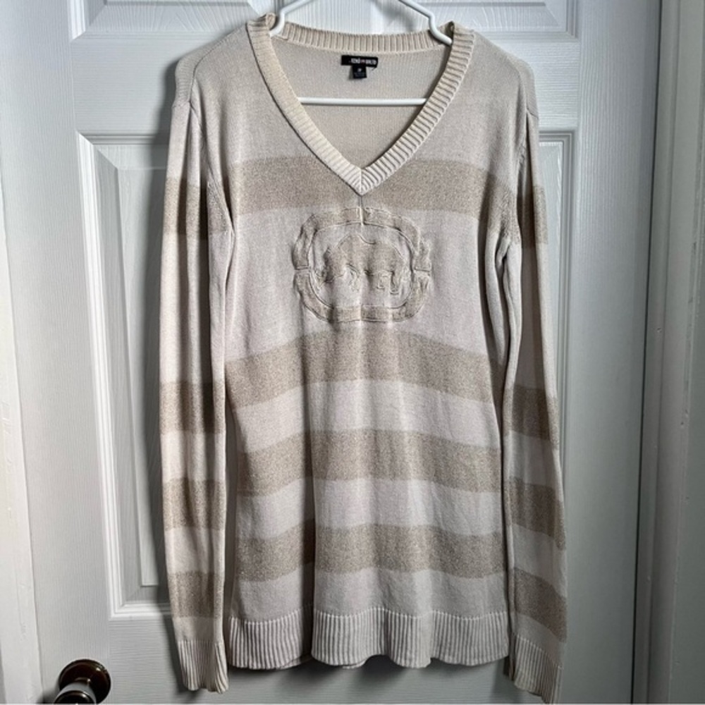 3/25$💥 Ecko UNLTD shirt top long sleeve Women medium beige striped logo